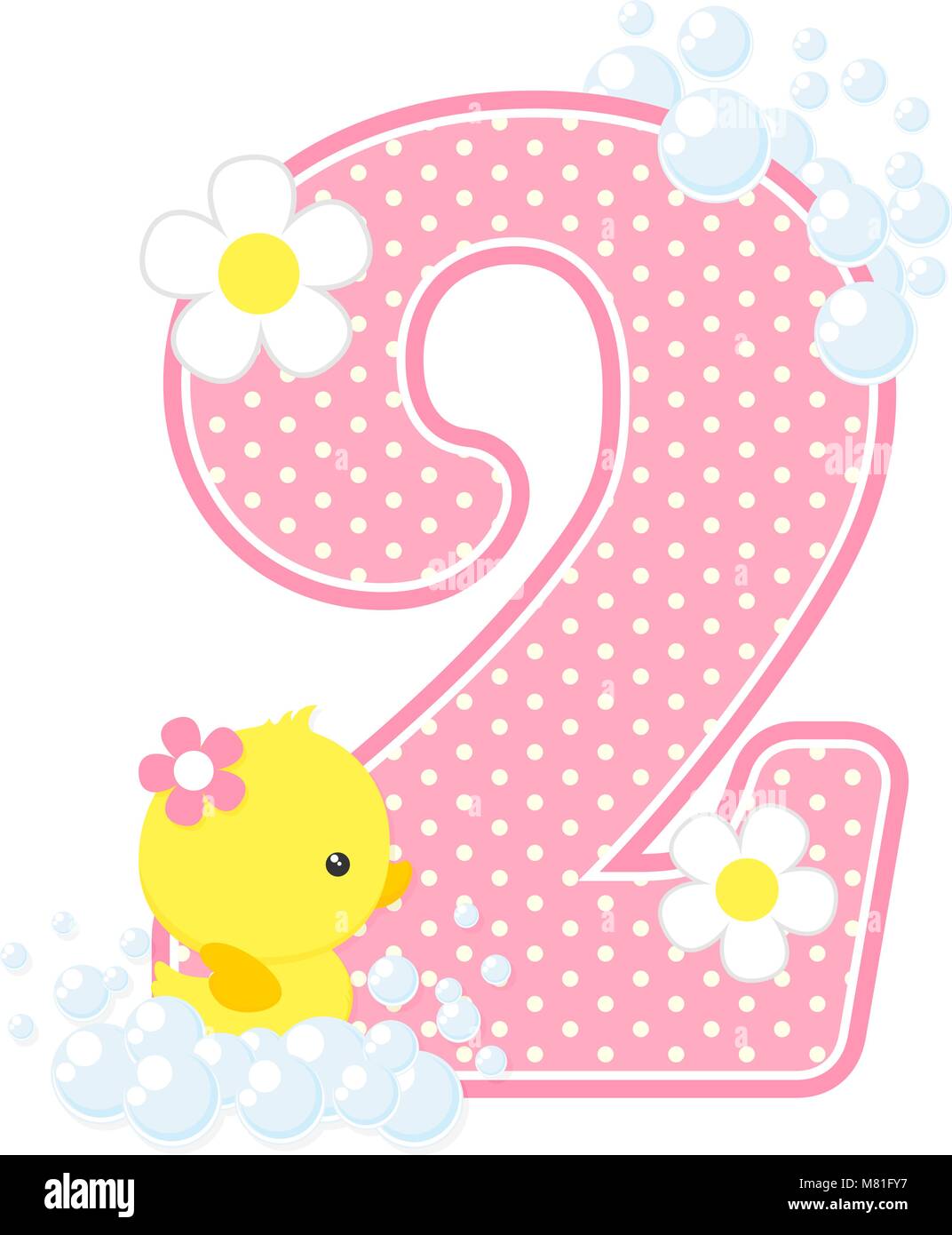 Número 2 con burbujas y lindo patito aislado en blanco. Puede usarse para  baby girl anuncios de nacimiento, decoración de vivero, parte de tema o  birthd Imagen Vector de stock - Alamy