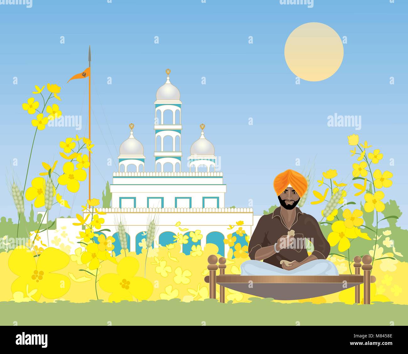 Una ilustración vectorial en formato eps 10 de un hombre Sikh tomando un descanso de sus deberes en el templo en un entorno rural bajo un cielo azul en el Punjab Ilustración del Vector