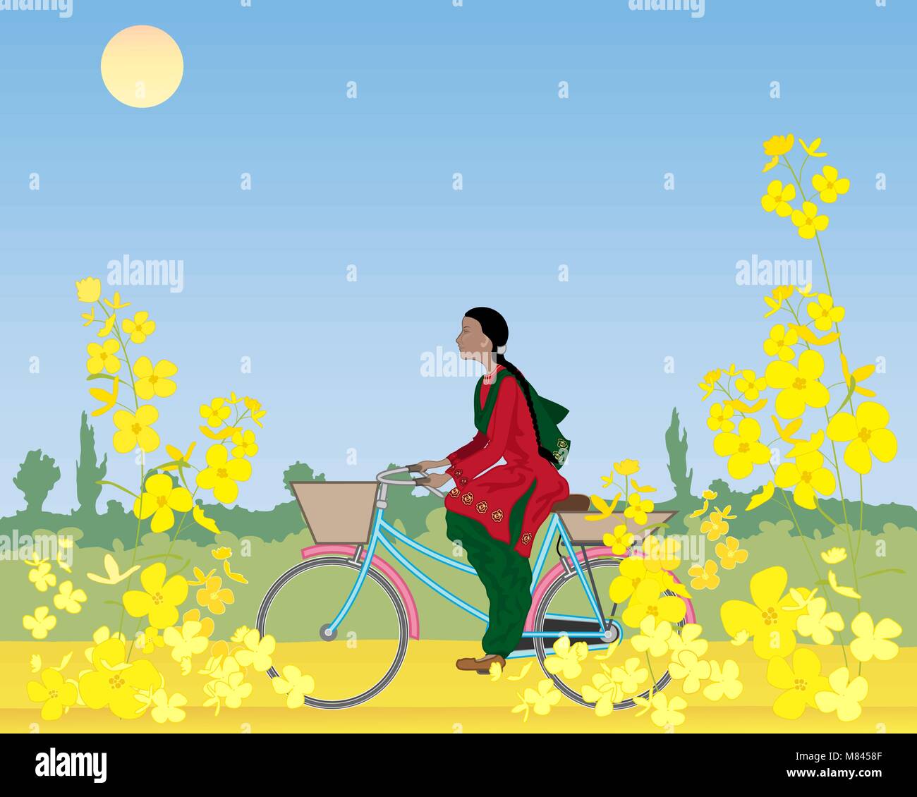 Una ilustración vectorial en formato eps 10 de una mujer sij Punjabi ciclos a través de la campiña en un cálido día de verano Ilustración del Vector