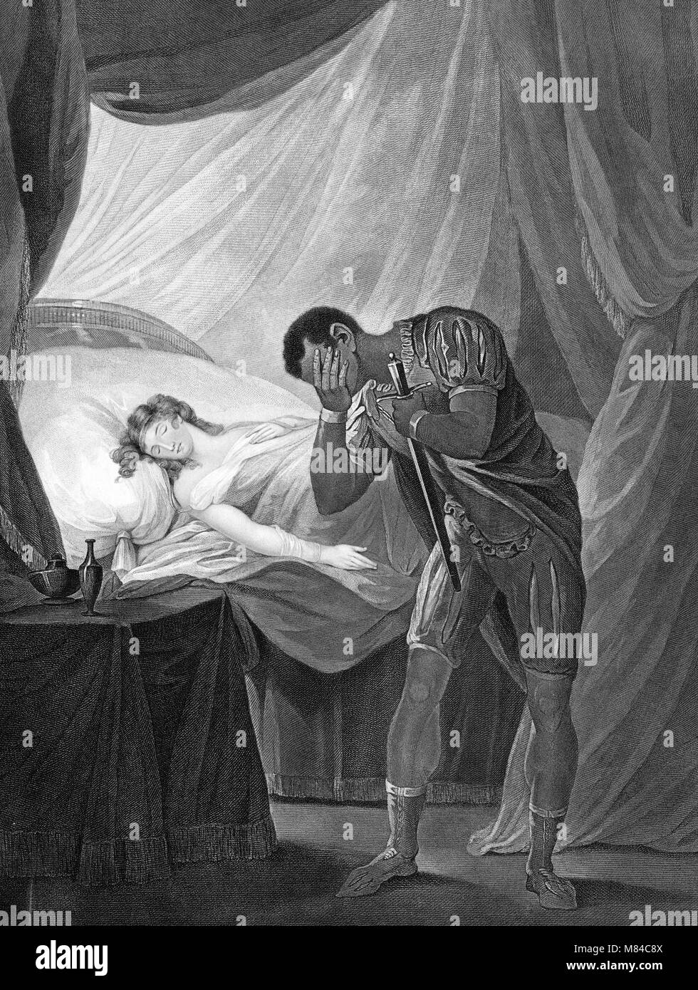 Othello, acto V, Escena II mostrando con una espada Othello y Desdémona dormido. Un grabado por William Satchwell Leney desde una pintura de Josiah Boydell, 1803. Foto de stock