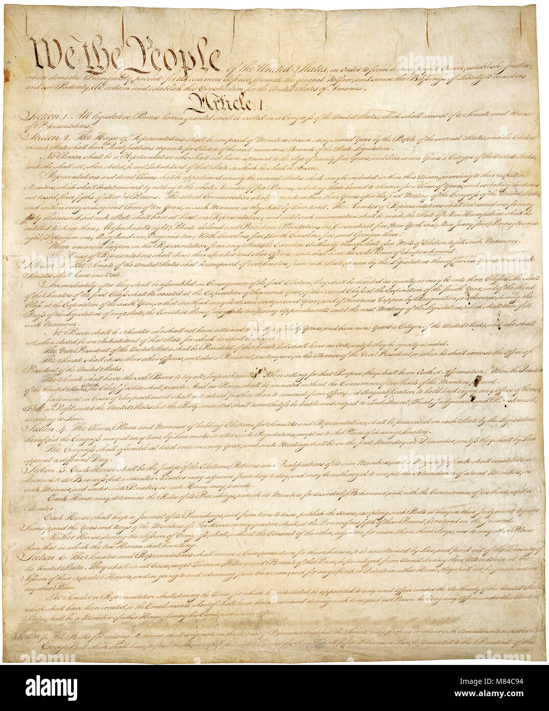 Constitución de EE.UU. Página 1 de la copia original de la Constitución de los Estados Unidos, 17 de septiembre de 1787. Foto de stock