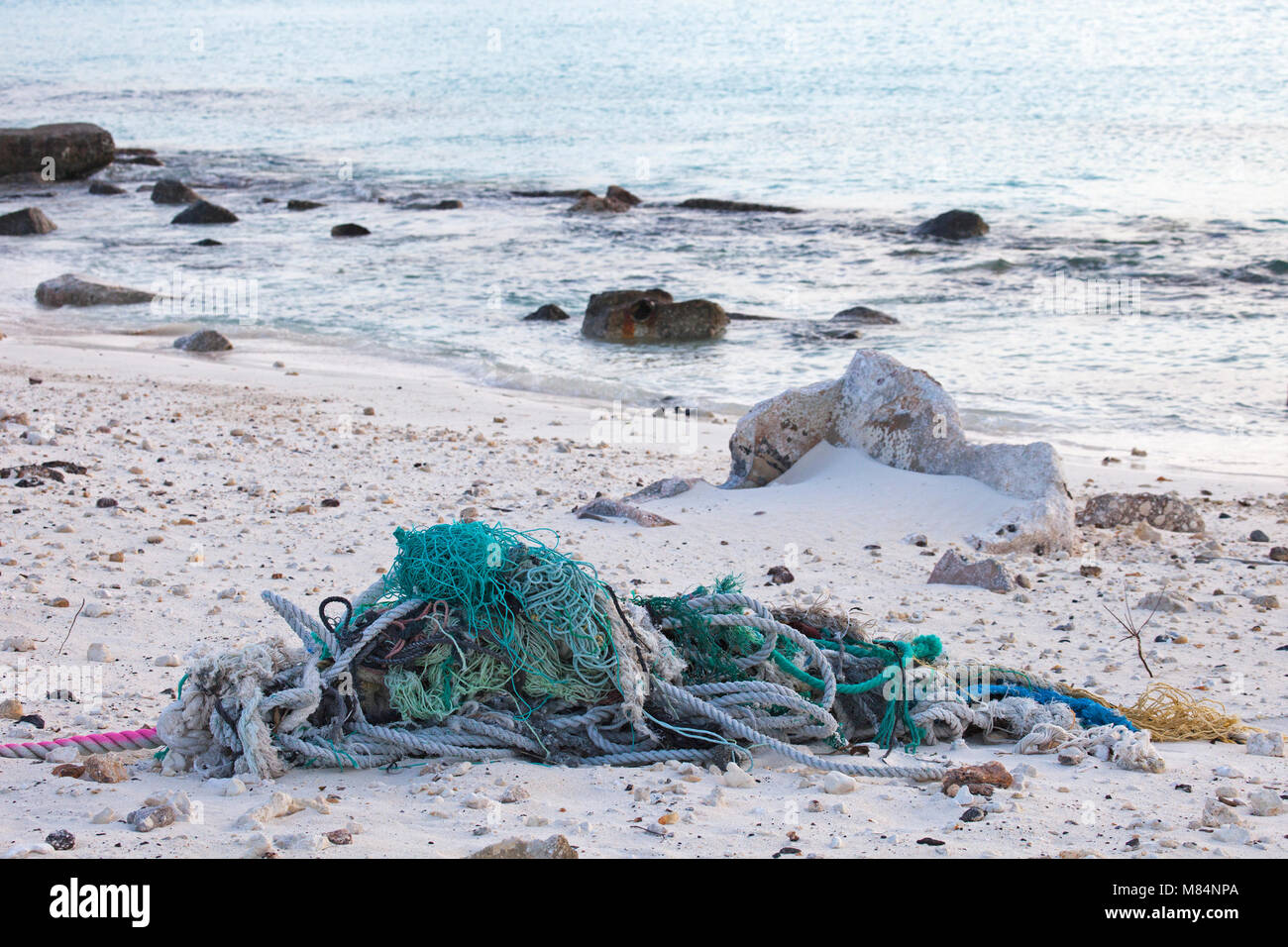 Cuerdas y redes recolectadas a lo largo de la costa de una isla del Pacífico Norte por los turistas para la eliminación apropiada para evitar daños a la fauna marina Foto de stock