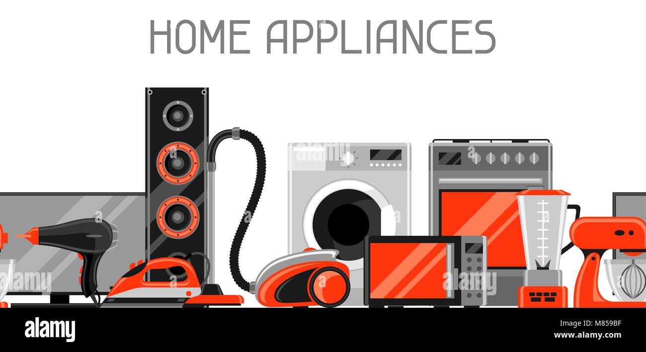 Banner con electrodomésticos. Venta de artículos para el hogar y compras  poster publicitario Imagen Vector de stock - Alamy