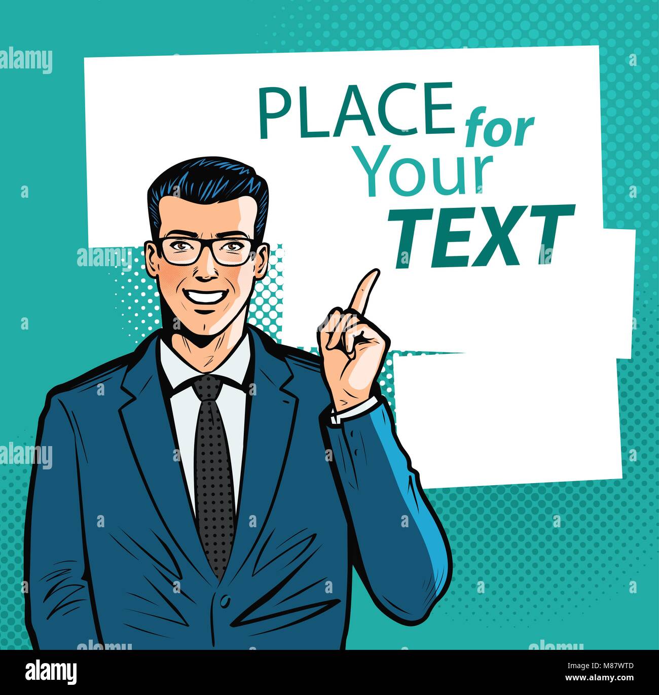 Feliz empresario apuntando el dedo índice en la información importante. Concepto de negocio. Ilustración vectorial de dibujos animados Ilustración del Vector