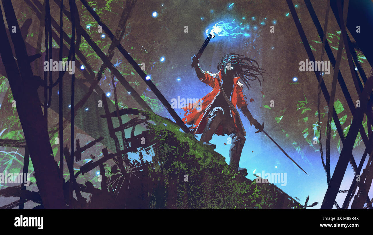 Búsqueda pirata con una linterna de luz azul en un bosque oscuro, estilo de arte digital, ilustración pintura Foto de stock