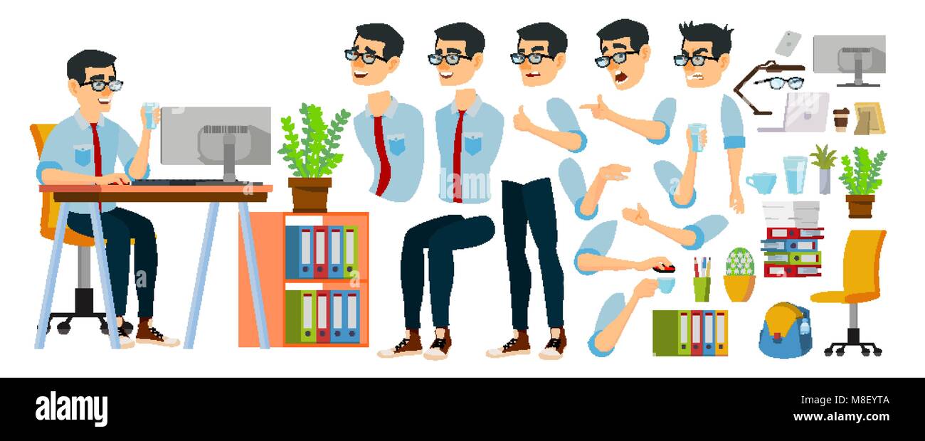 Selección conjunta Arena mal humor Hombre de negocios de vector de caracteres. Trabajo Masculino Asiático. Puesta en marcha de negocios. Oficina moderna. La codificación, el desarrollo de software. Programador. Conjunto de animaciones. Rostro asiático de emociones. Ilustración Selección conjunta Arena mal humor Hombre de negocios de vector de caracteres. Trabajo Masculino Asiático. Puesta en marcha de negocios. Oficina moderna. La codificación, el desarrollo de software. Programador. Conjunto de animaciones. Rostro asiático de emociones. Ilustración