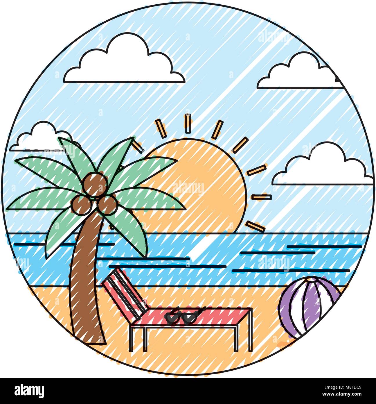 Paisaje De Playa En Verano Tumbona Palm Mar Ball Diseno Redondo