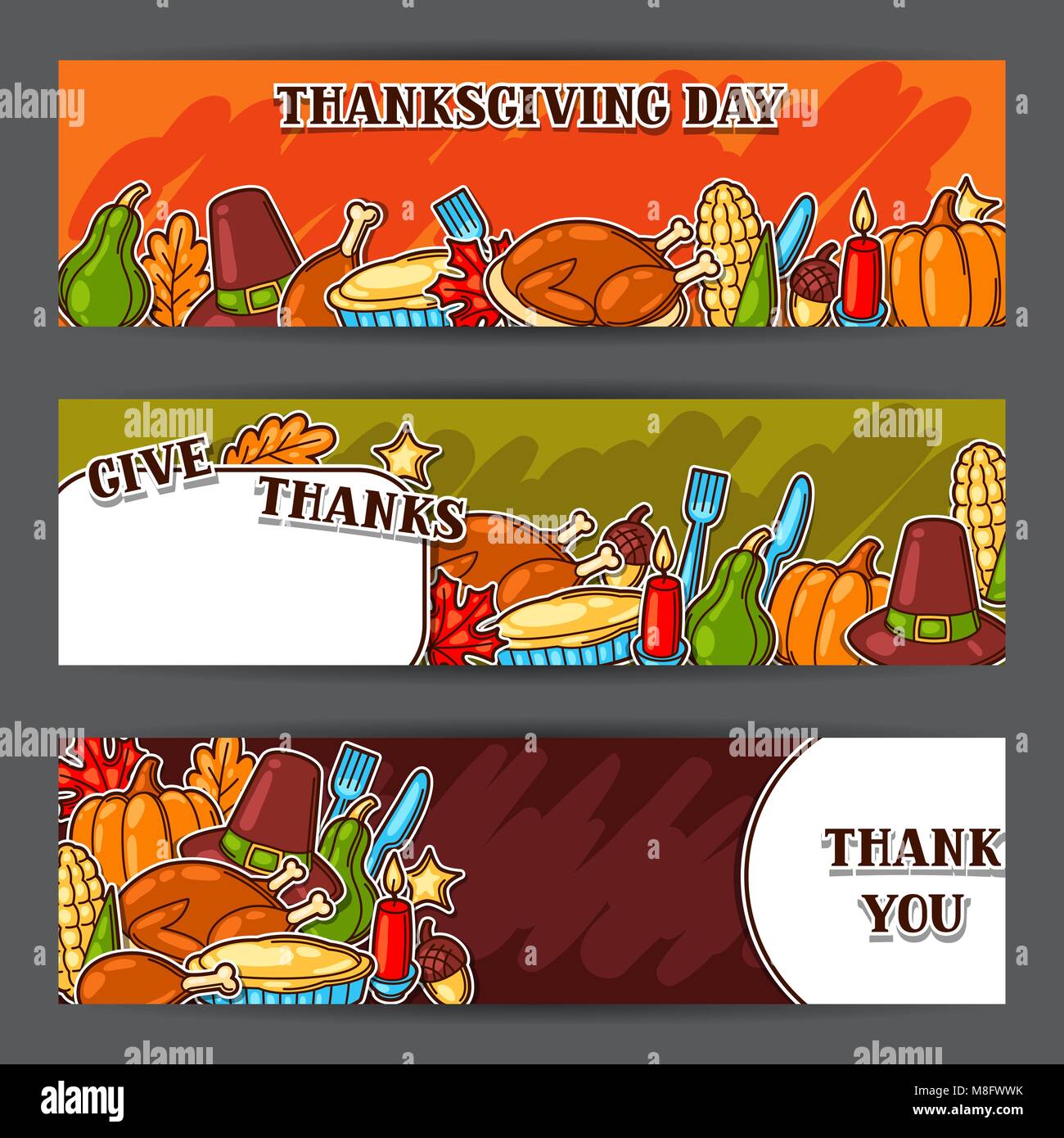 Feliz Día de Acción de Gracias Los banners con objetos de vacaciones Ilustración del Vector