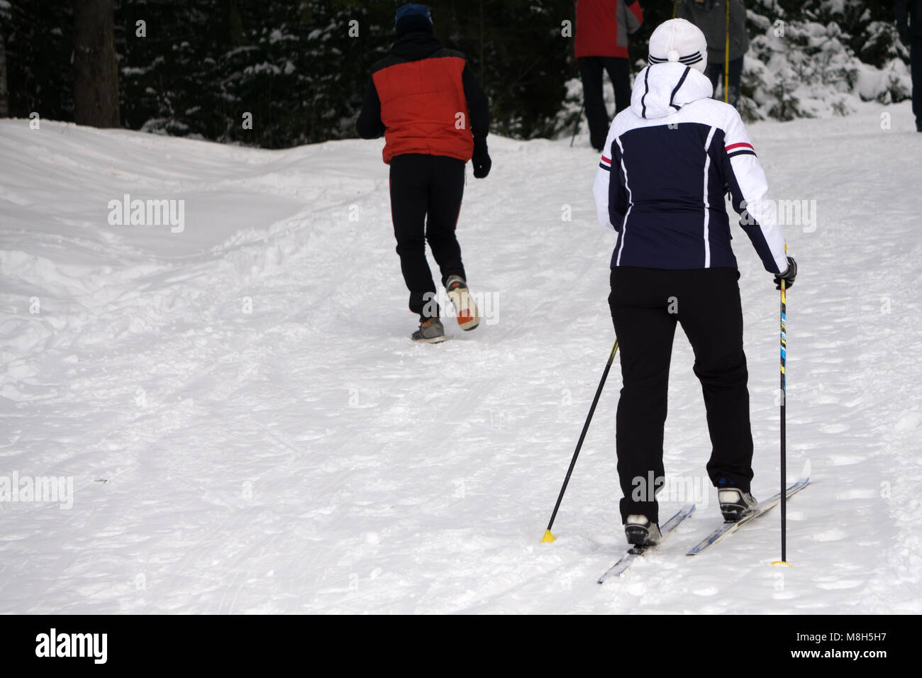 Chica a esquiar en las montañas. Un niño en edad adolescente activo , gafas  y palos. Carrera de esquí para niños pequeños. Deportes de invierno para  toda la familia Fotografía de stock -