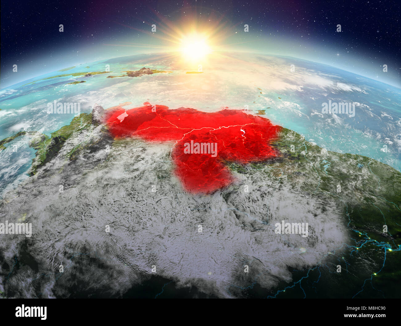 Vista satélite de Venezuela resaltada en rojo en el planeta Tierra con nubes durante el amanecer. Ilustración 3D. Los elementos de esta imagen proporcionada por la NASA. Foto de stock