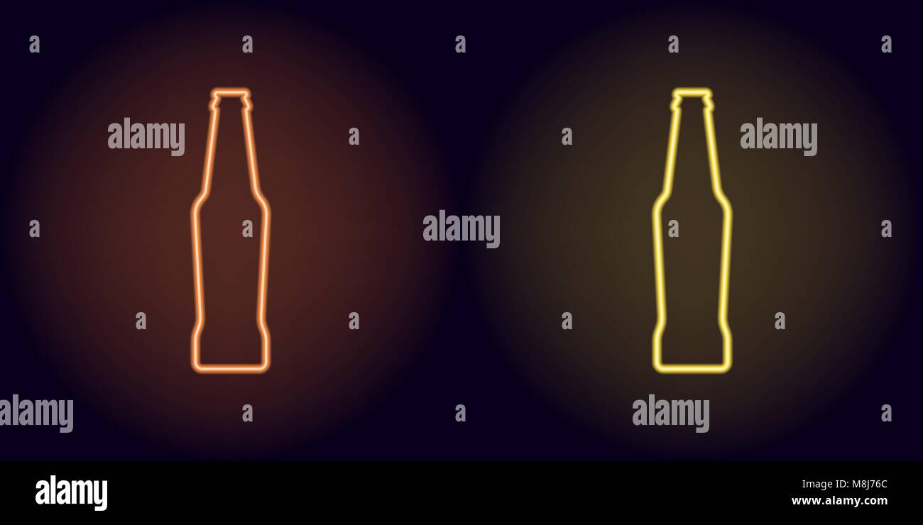 Naranja y amarillo neón botella de cerveza. Silueta de neón botella vector compuesto de contorno, con retroiluminación en el fondo oscuro Ilustración del Vector