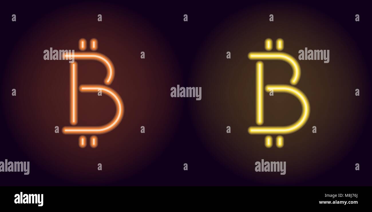 Naranja y amarillo neón signo bitcoin. Vector silueta de neón moneda bitcoin compuesto de contornos, con retroiluminación en el fondo oscuro Ilustración del Vector