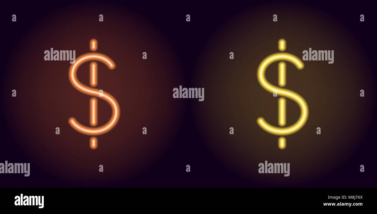 Naranja y amarillo neón signo de dólar. Vector silueta de neón moneda dólar consistente de contornos, con retroiluminación en el fondo oscuro Ilustración del Vector