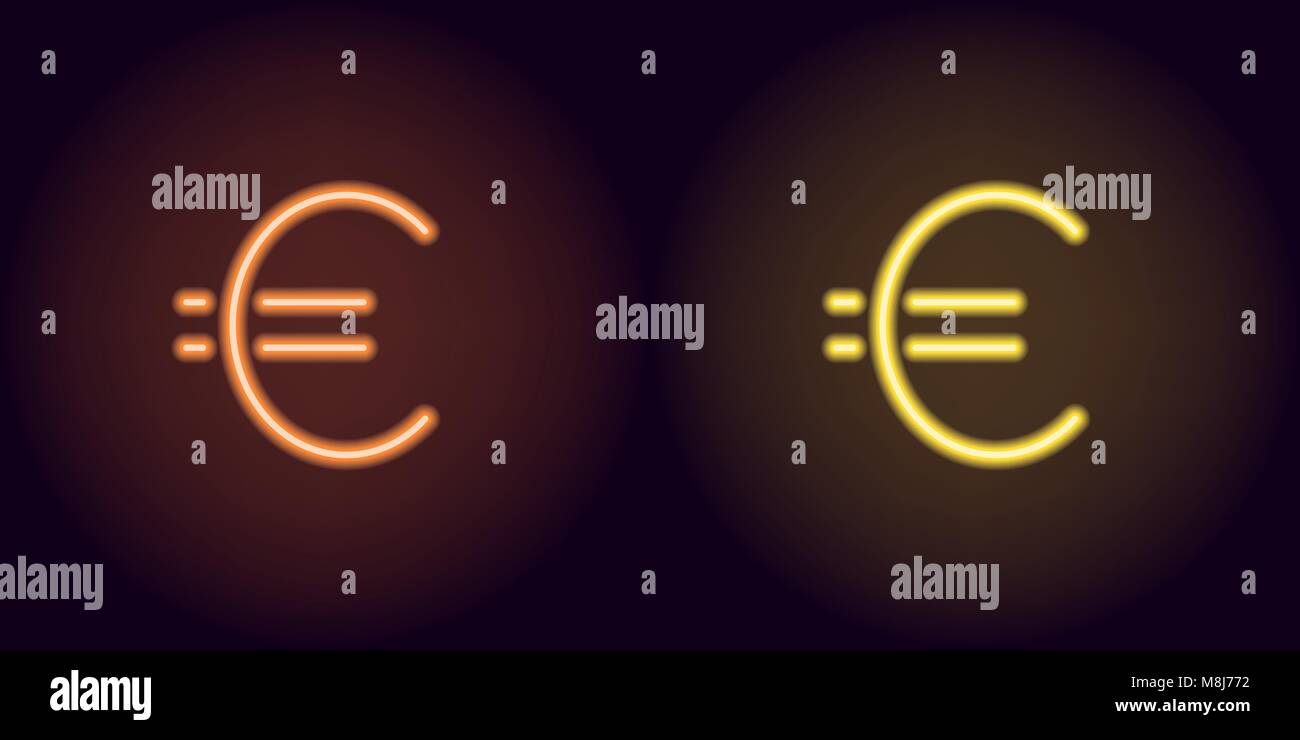 Naranja y amarillo neón signo de euro. Vector silueta de neón moneda euro compuesto de contornos, con retroiluminación en el fondo oscuro Ilustración del Vector