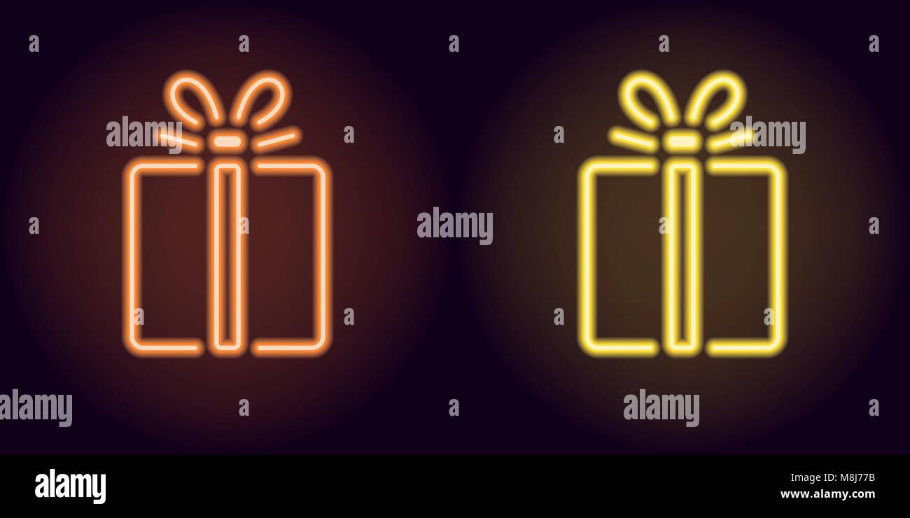 Naranja neón amarillo y caja de regalo. Vector silueta de neón vacaciones regalo compuesto de contornos, con retroiluminación en el fondo oscuro Ilustración del Vector