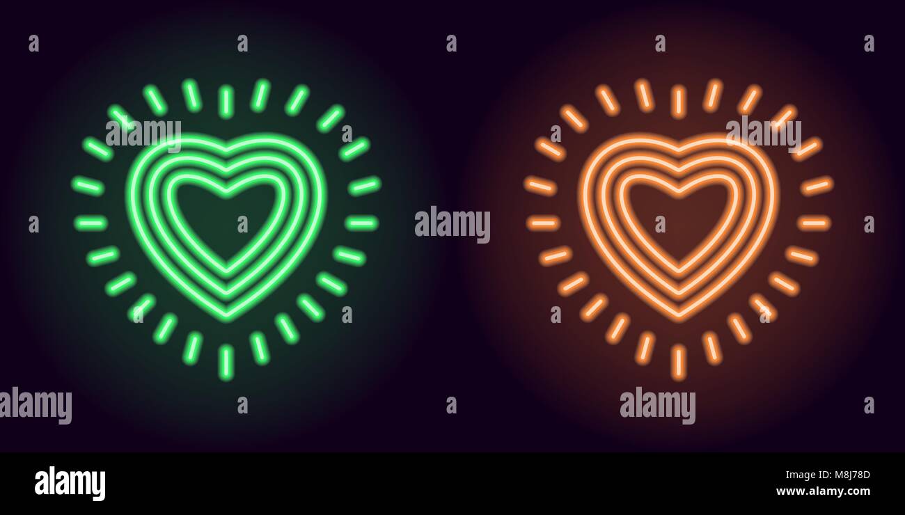 Corazón de neón verde y naranja con rayos. Silueta de neón Vector corazón compuesta de tres contornos y rodeado por chispas, con retroiluminación de la da Ilustración del Vector