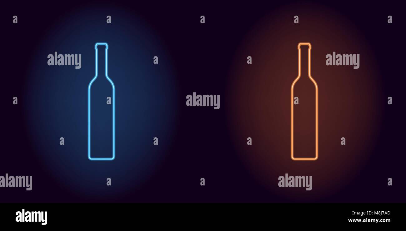 Neón Azul y Naranja y una botella de vino. Silueta de neón botella vector compuesto de contorno, con retroiluminación en el fondo oscuro Ilustración del Vector