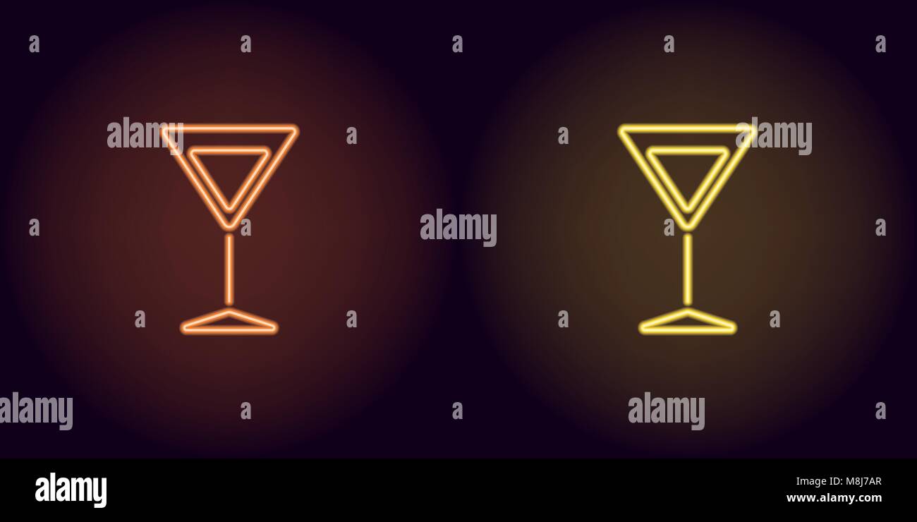 Naranja y amarillo neón wineglass cócteles. Vector silueta de neón wineglass con cocktail compuesto de contorno, con retroiluminación en la oscuridad backgro Ilustración del Vector