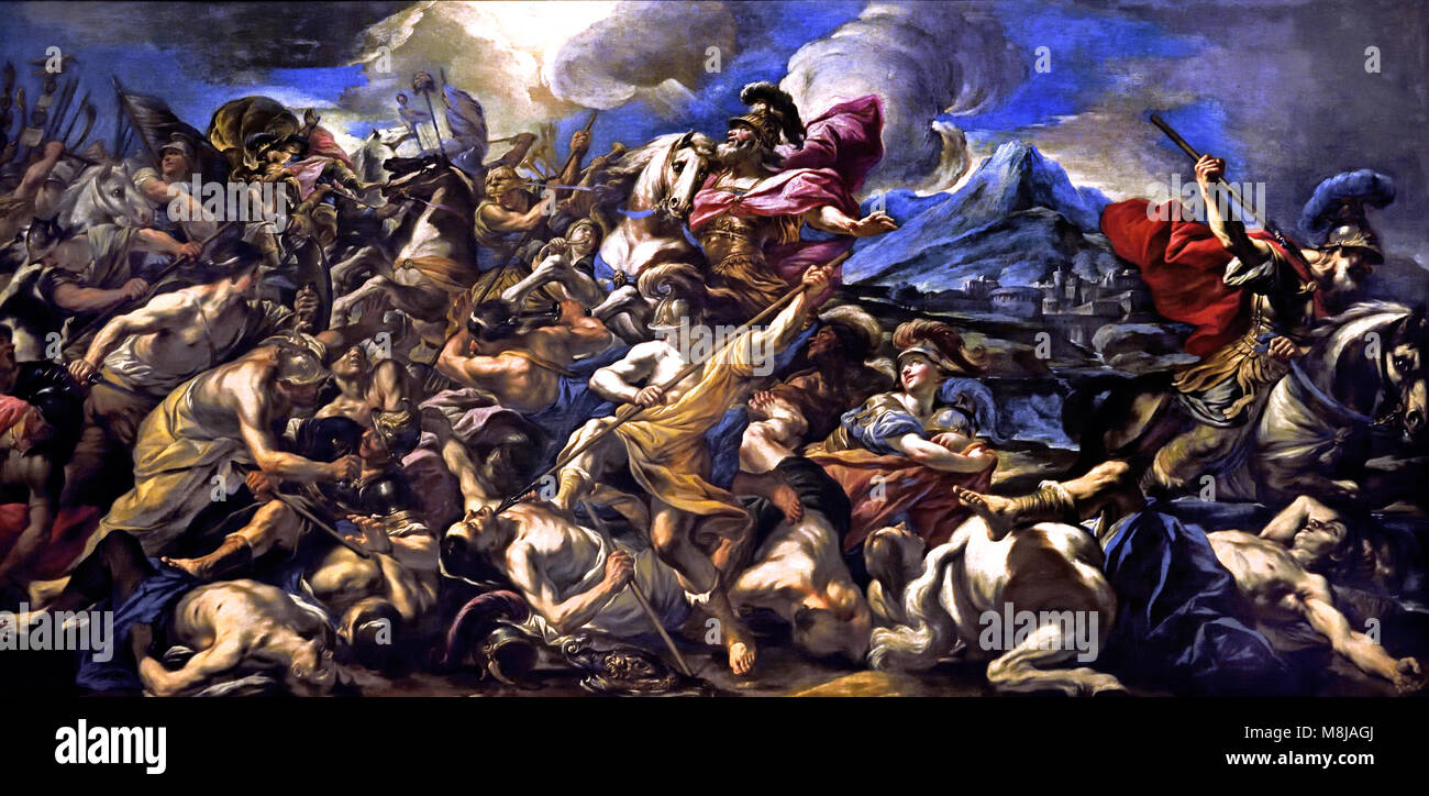 Giovanni Battista BEINASCHI 1636 - 1688 Italiano, Italia, Josué deteniendo el sol, del siglo XVII italiano, Italia, ( Josué detiene el Sol (1273 AEC) en la tercera de Tammuz del año 2488 desde la creación (1273 AEC), Josué fue el líder del pueblo judío en una de las batallas para conquistar la tierra de Israel. La victoria era inminente, pero la oscuridad estaba a punto de caer. 'SOL', proclamó a Josué, "estando en Giv'on; luna, en el valle de Ayalon" (Josué 10:12). Los cuerpos celestes asentido, detener su progreso a través del cielo, hasta que los ejércitos de Israel trajo la batalla a su exitosa conclusión. ) Foto de stock