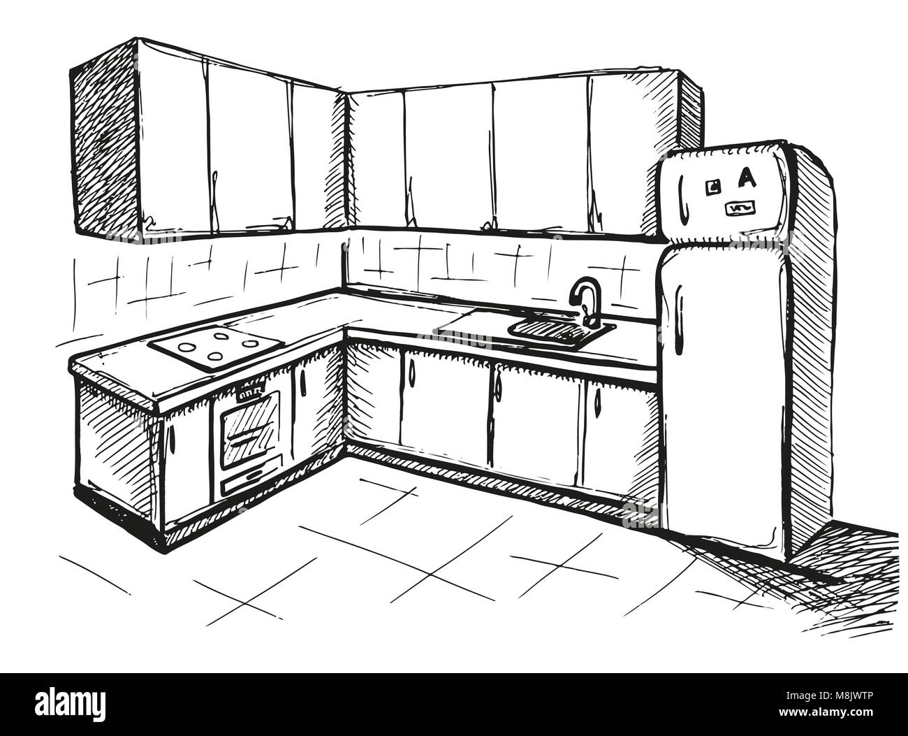 Boceto de cocina. Plan de cocina. Ilustración vectorial en un estilo de  dibujo Imagen Vector de stock - Alamy