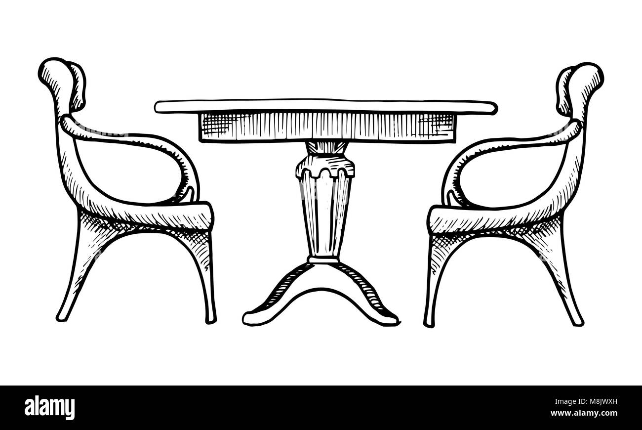 Dos sillas y una mesa. Ilustración vectorial en un estilo de dibujo Imagen  Vector de stock - Alamy