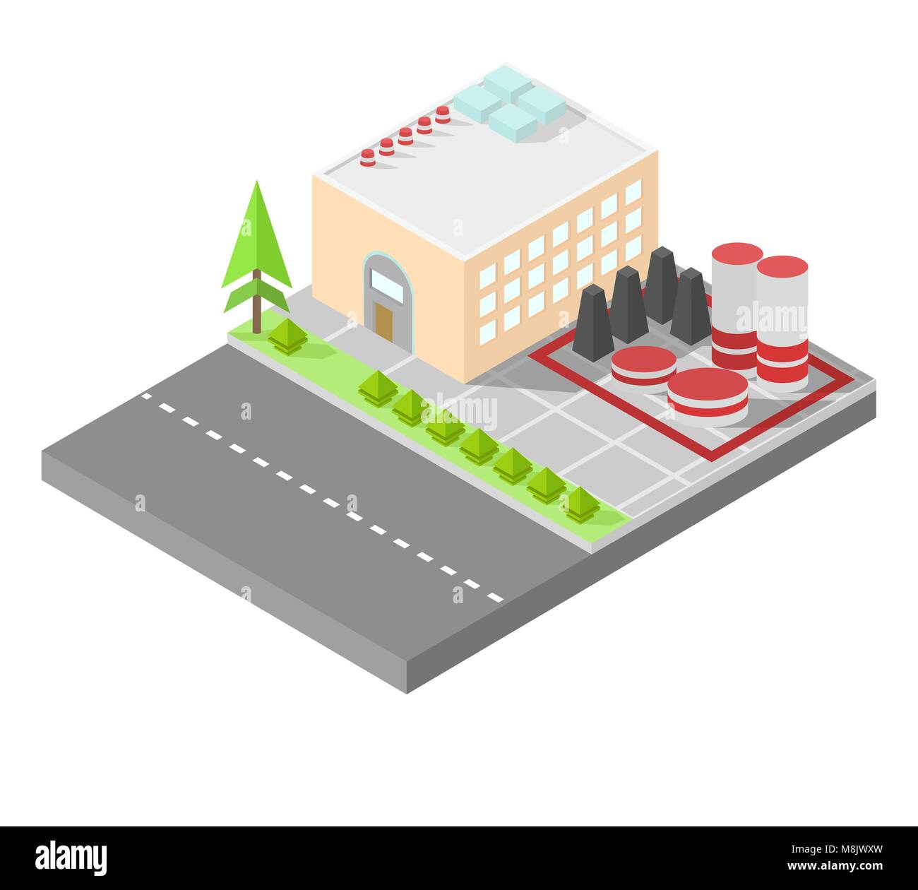 Casa isométrica. La fábrica de tanques de almacenamiento. Road, arbustos verdes en la parte frontal de la casa. Ilustración vectorial estilo isométrico. Ilustración del Vector