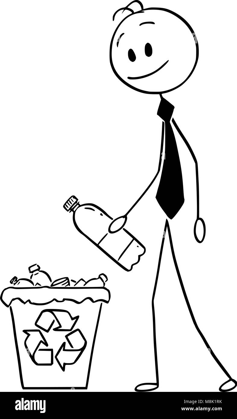 Caricatura del empresario arrojar una botella plástica en reciclar basura Ilustración del Vector