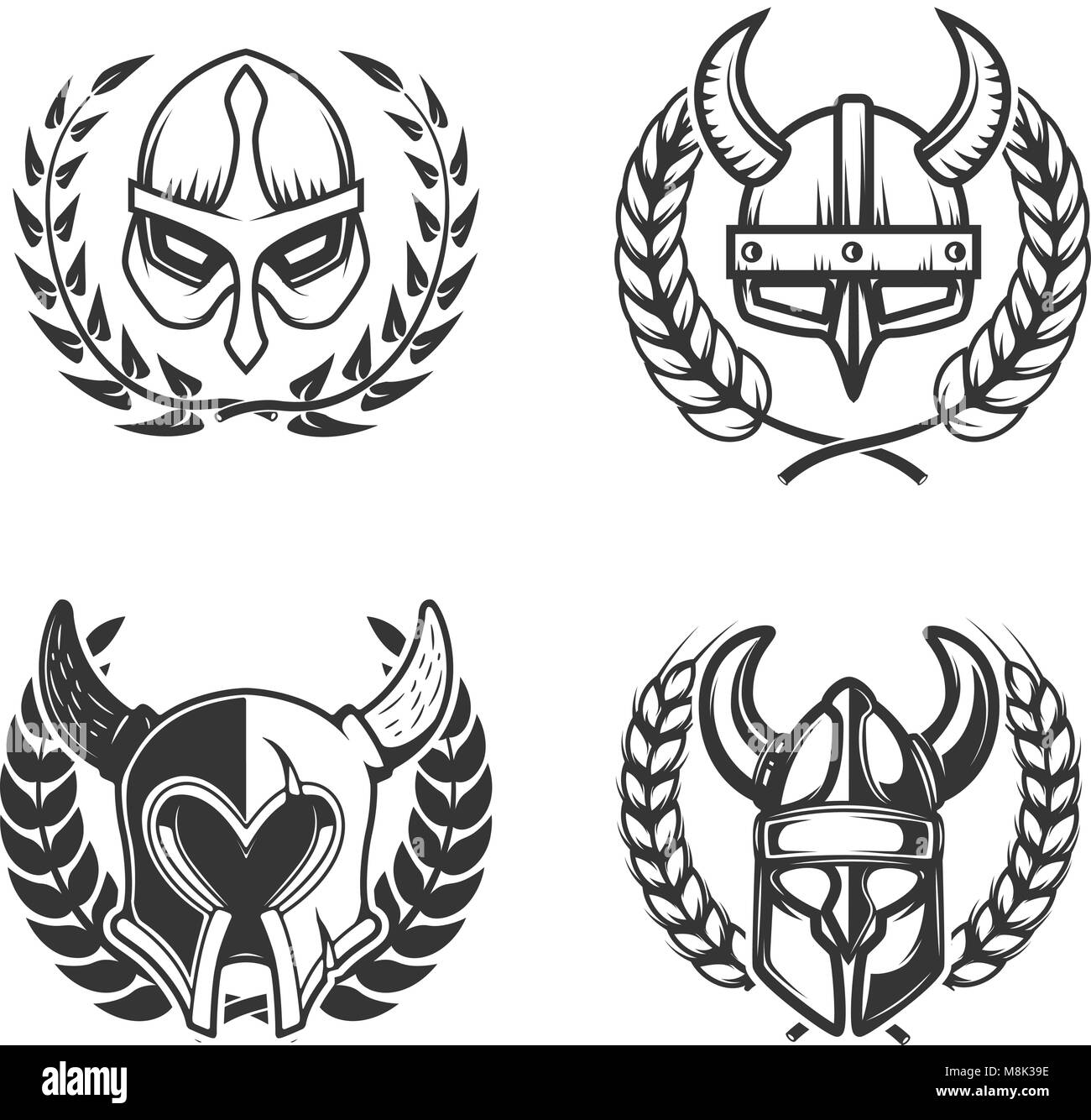 Conjunto de emblemas con cascos medievales y guirnaldas. Elemento de diseño  para el logotipo, la etiqueta, el emblema, el signo. Ilustración vectorial  Imagen Vector de stock - Alamy