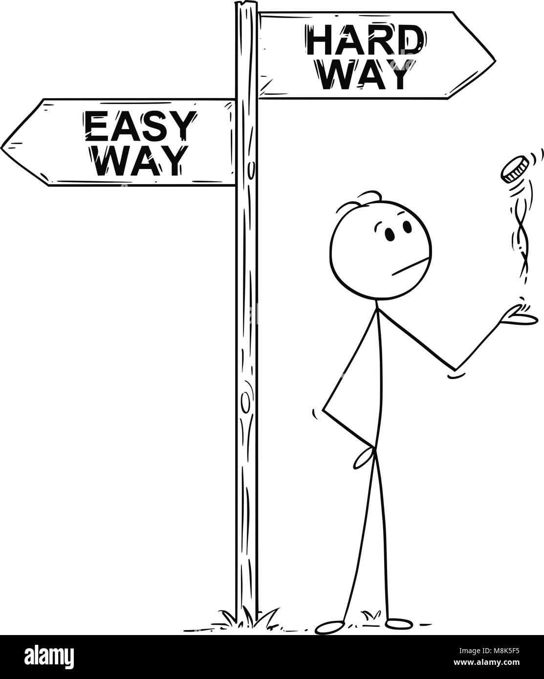 Caricatura de hombre o empresario la toma de decisión por arrojar una moneda debajo de fácil o difícil camino flechas Ilustración del Vector