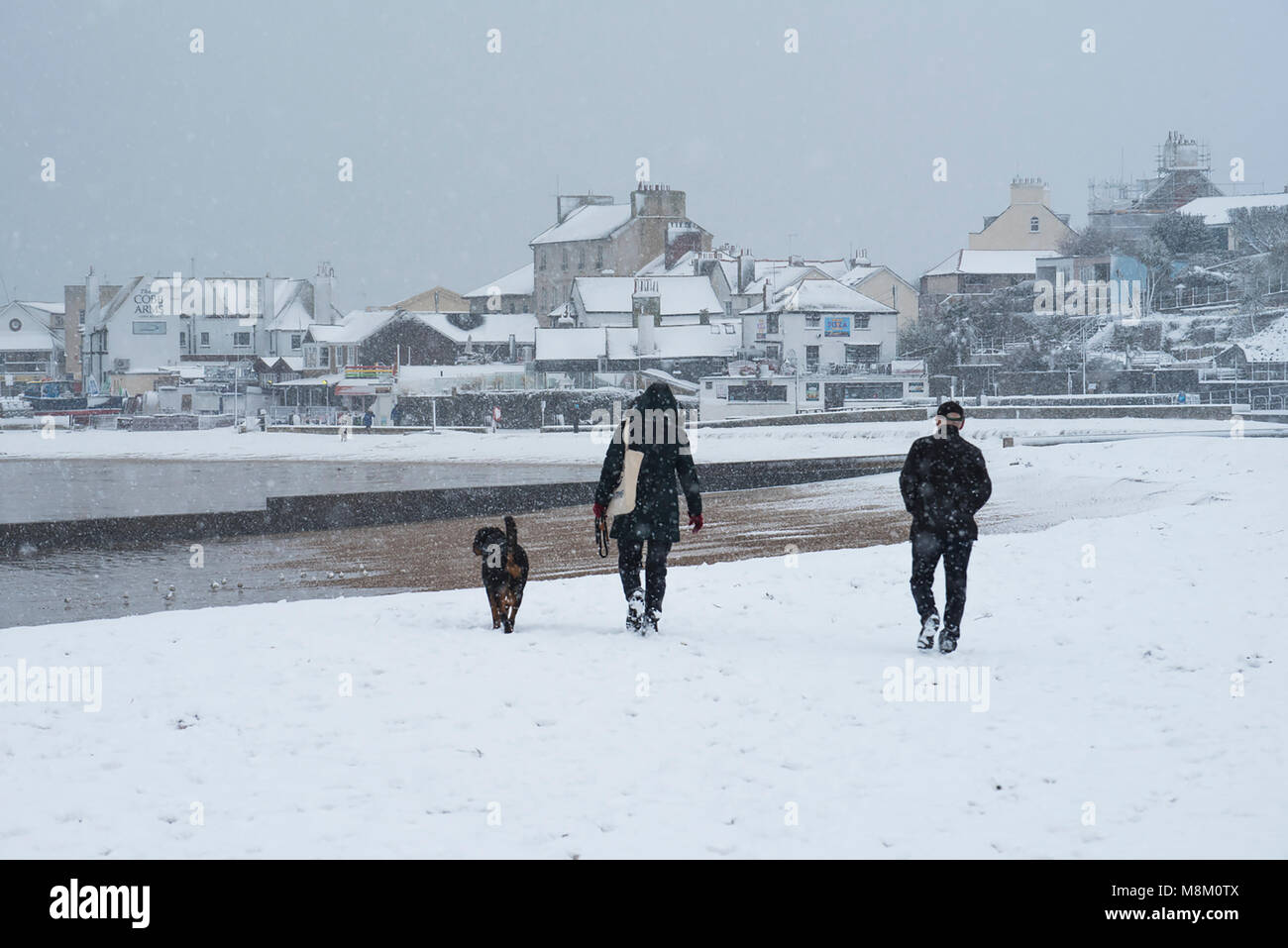Clima: El clima en Lyme Regis, Reino Unido el 18 de marzo de 2018. Un par caminar a su perro en la playa en condiciones de Blizzard como la bestia de Oriente 2 golpea la costa sur oeste. Crédito: Celia McMahon/Alamy Live News Foto de stock