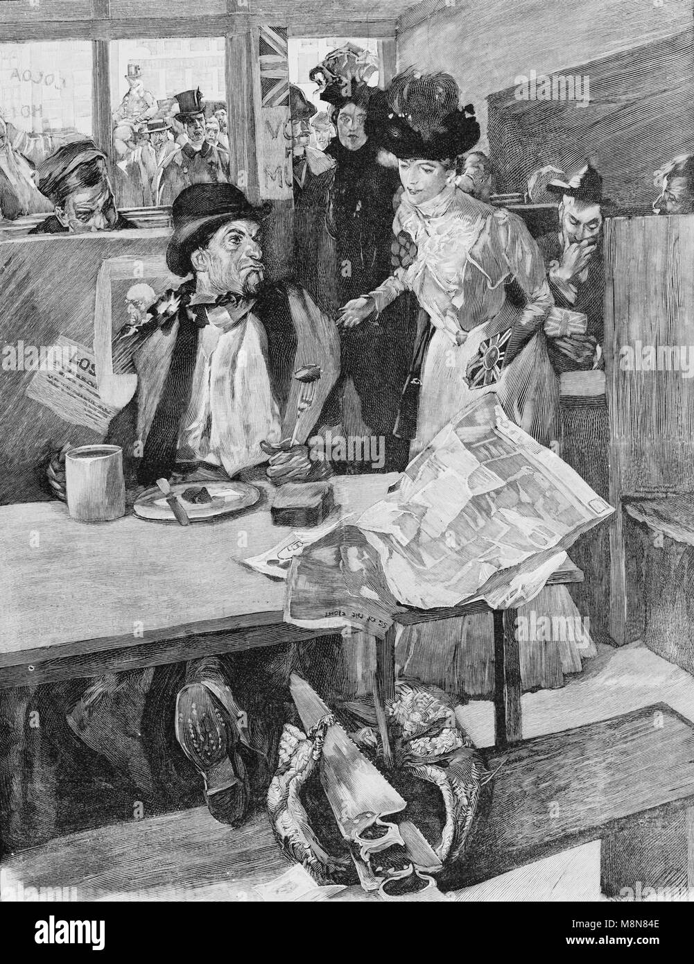 Señora haciendo propaganda electoral en un pub británico, imagen del semanario francés l'Illustration, de 13 de octubre de 1900 Foto de stock