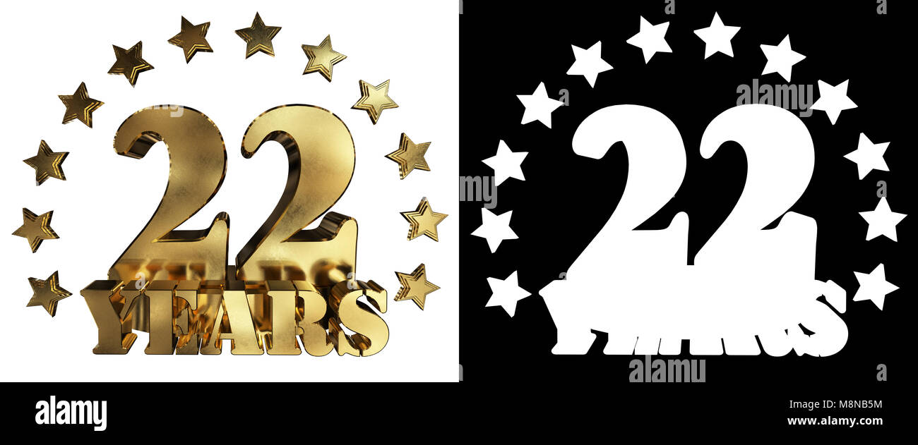 Dígito de oro veintidós y la palabra del año, decorado con estrellas. Ilustración 3D Foto de stock