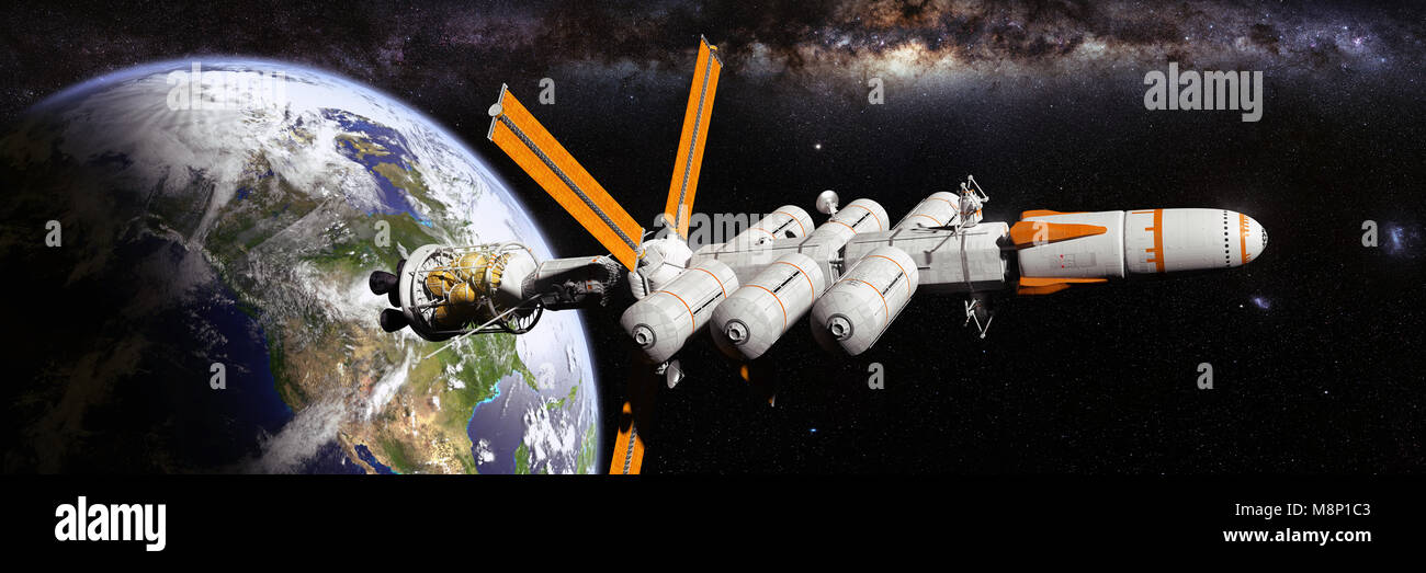 Futurista nave espacial en órbita del planeta Tierra, misión planetaria inicio (Ilustración de ciencia ficción 3d banner, elementos de esta imagen están amuebladas Foto de stock