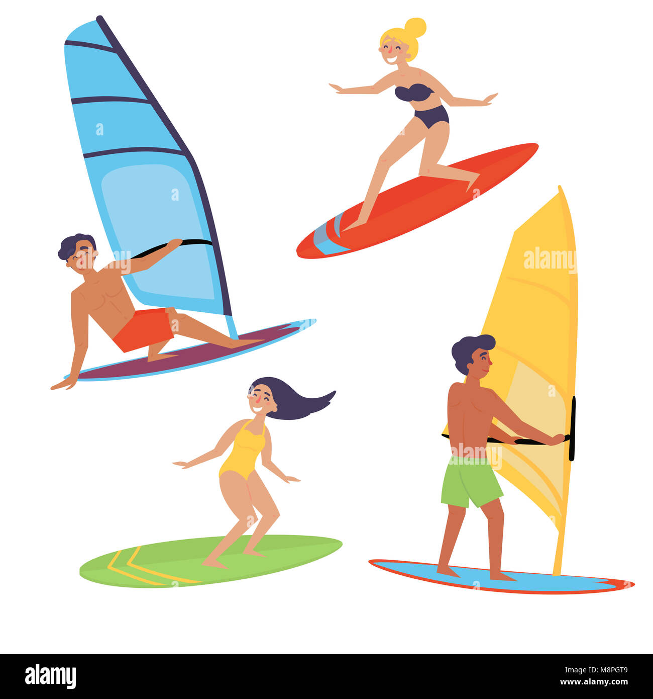 Agua en el verano deportes, actividades en la playa. Junta con una vela.  Hombres y mujeres en la junta permanente de aprender a hacer windsurf, surf.  En la formación de la windsurfista