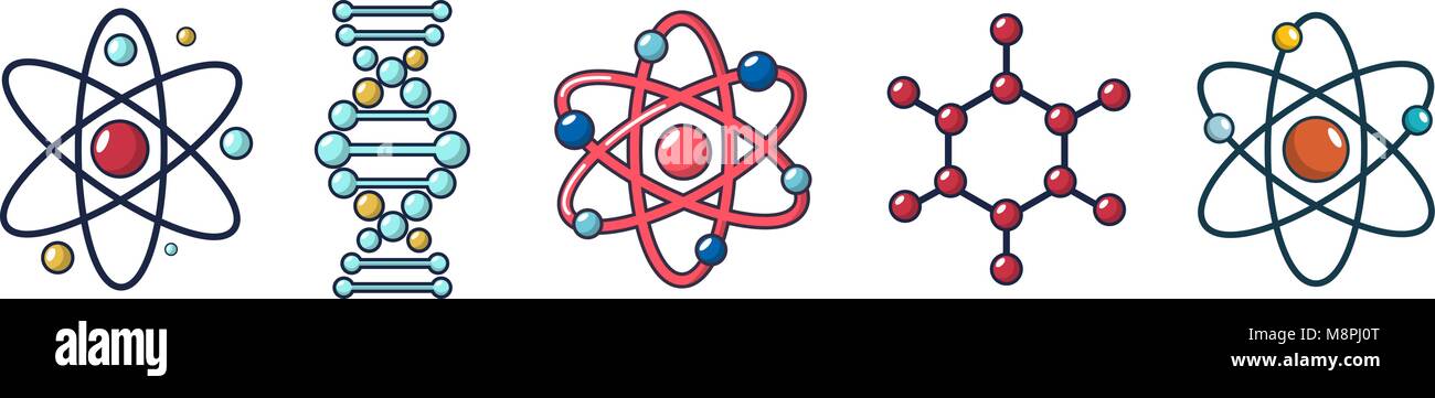 Moléculas y átomos, conjunto de iconos de estilo de dibujos animados Imagen  Vector de stock - Alamy