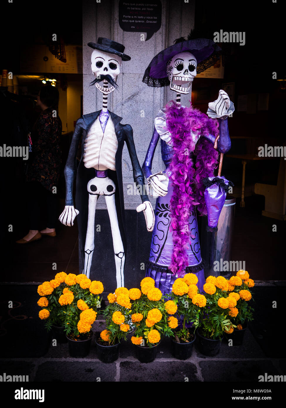 Pantalla de Día de Muertos en Coyoacán, Ciudad de México con Catrina y  Catrin cifras manos arriba caléndulas tradicional Fotografía de stock -  Alamy