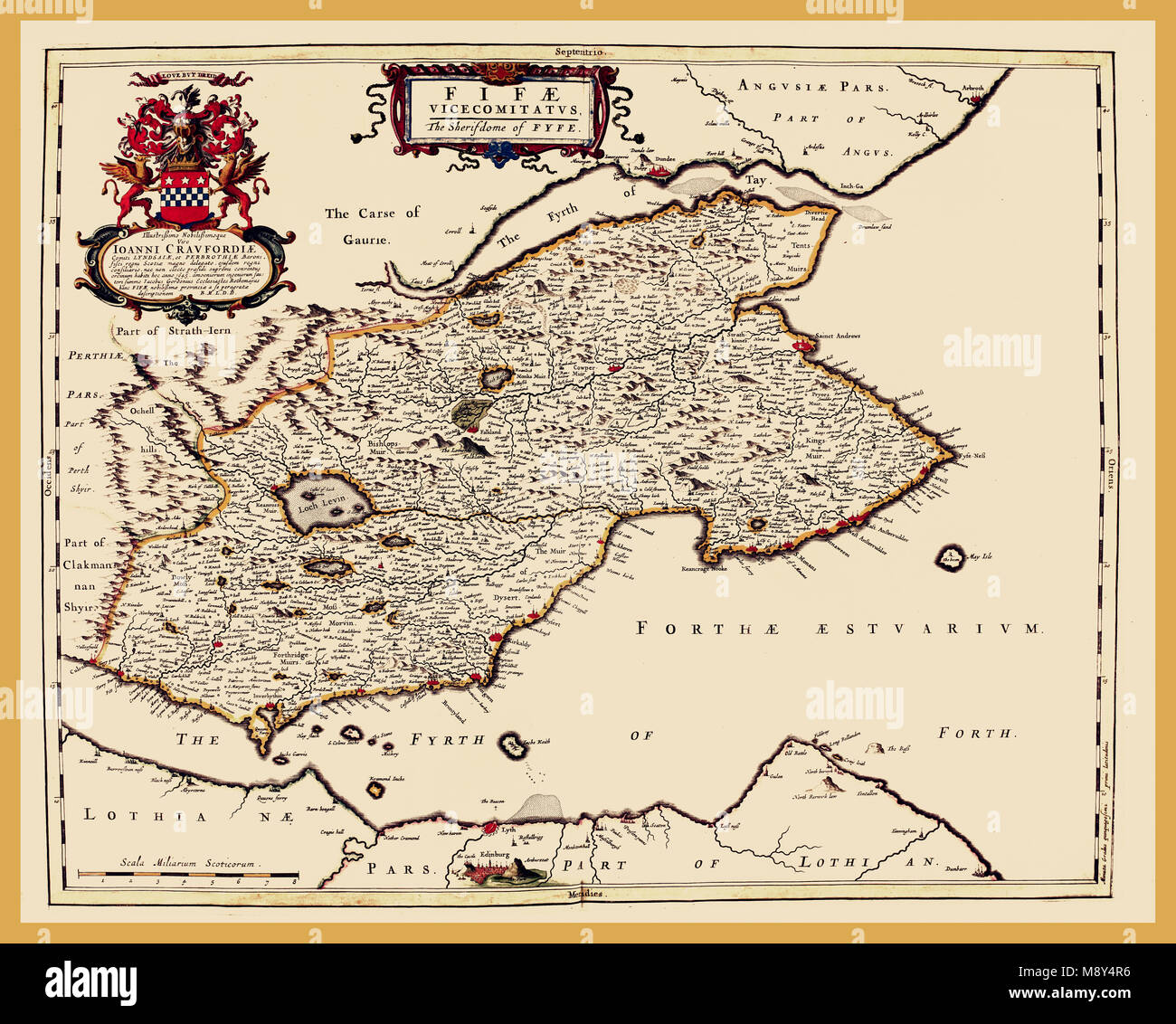 Mapa histórico restaurado 1600's Fife Escocia mapa antiguo 'Fifae Vicemitatus'. Fife, Escocia. 1654 Foto de stock