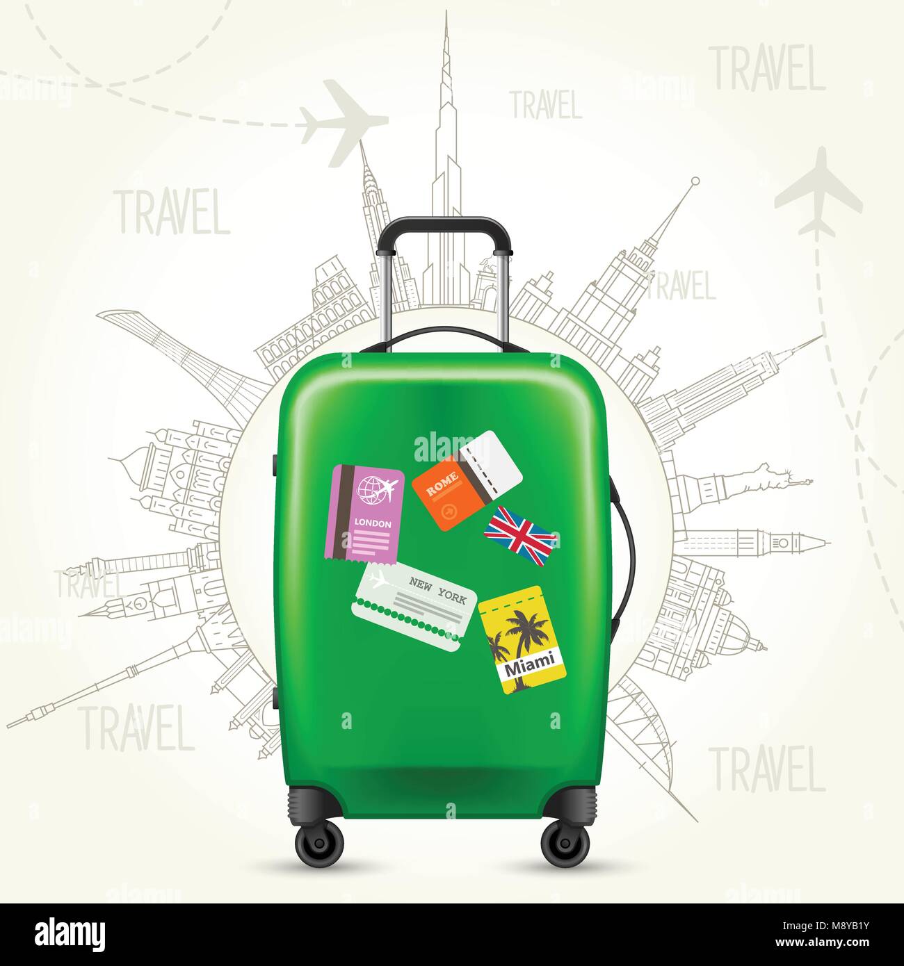 Viaje por todo el mundo - Maleta y lugares de interés mundial Imagen Vector  de stock - Alamy