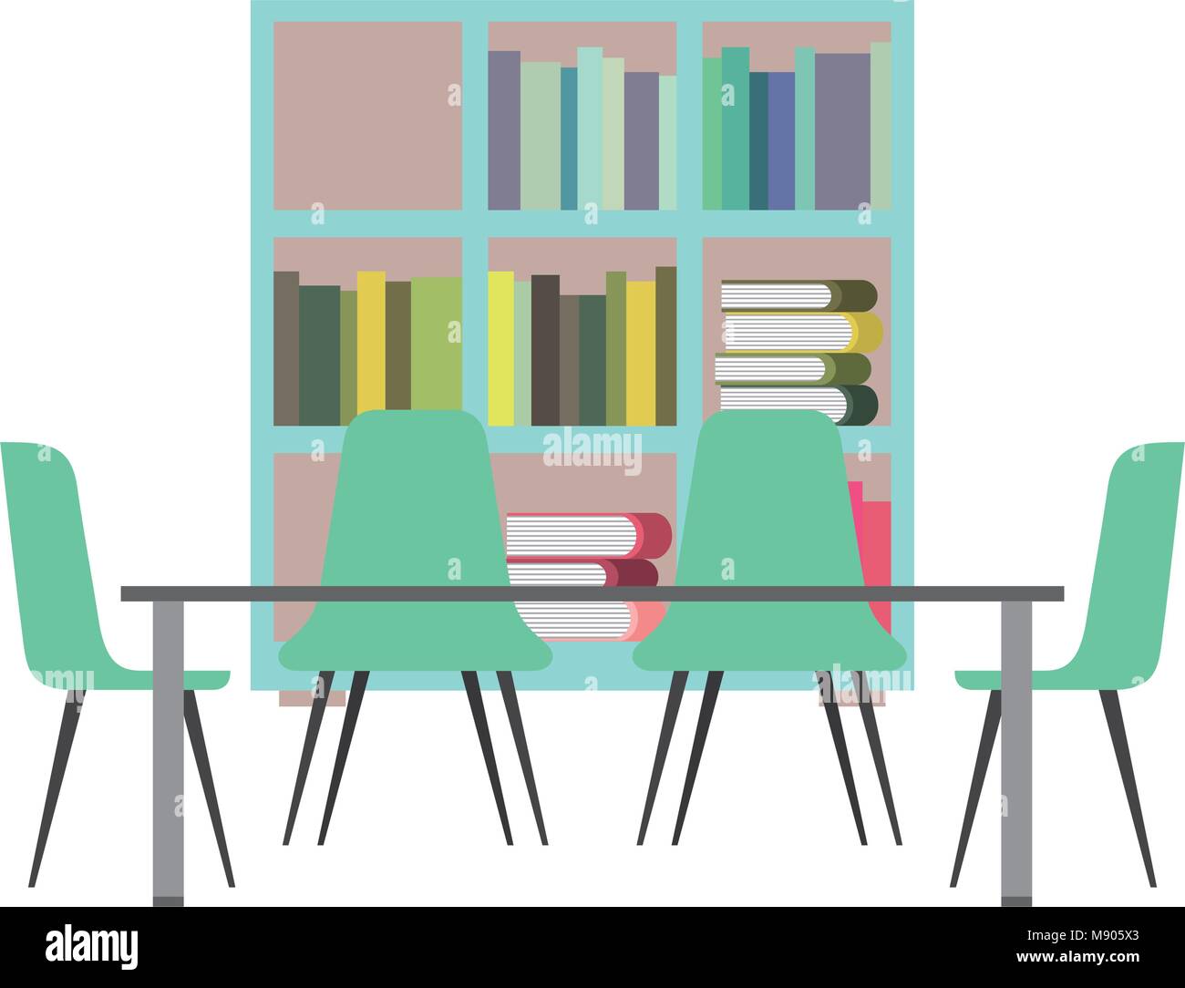 Biblioteca con estanterías y escritorio con sillas Imagen Vector de stock -  Alamy