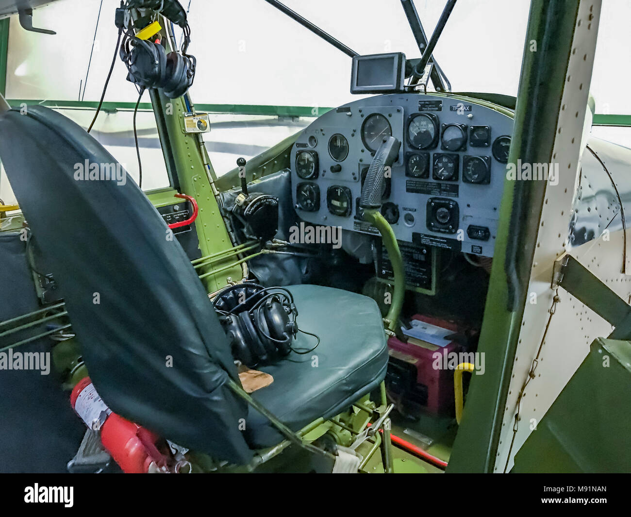 Asiento del piloto de un avión Cessna. Foto de stock