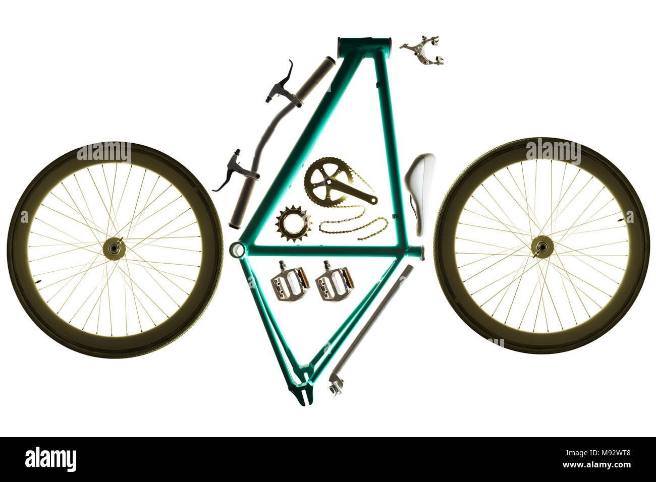 Piezas de bicicleta para montar una bicicleta personalizada, Foto de estudio sobre fondo blanco. Foto de stock