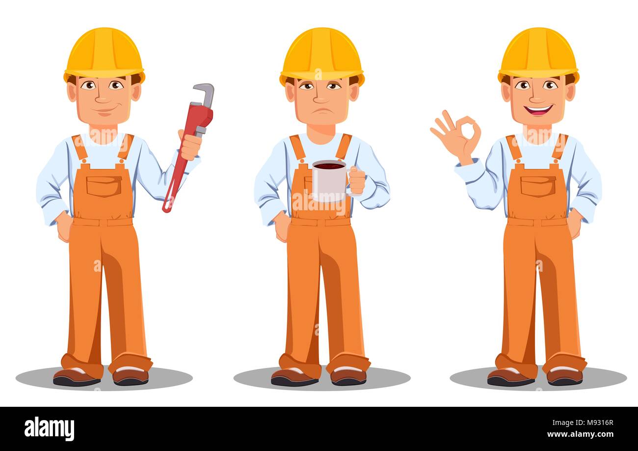 Constructor con dibujos animados de herramientas de trabajo de construcción  y reparación de casas. albañil o albañil con pala, martillo, caja de  herramientas y paleta, ladrillo, espátula, taladro y llave, carretilla y
