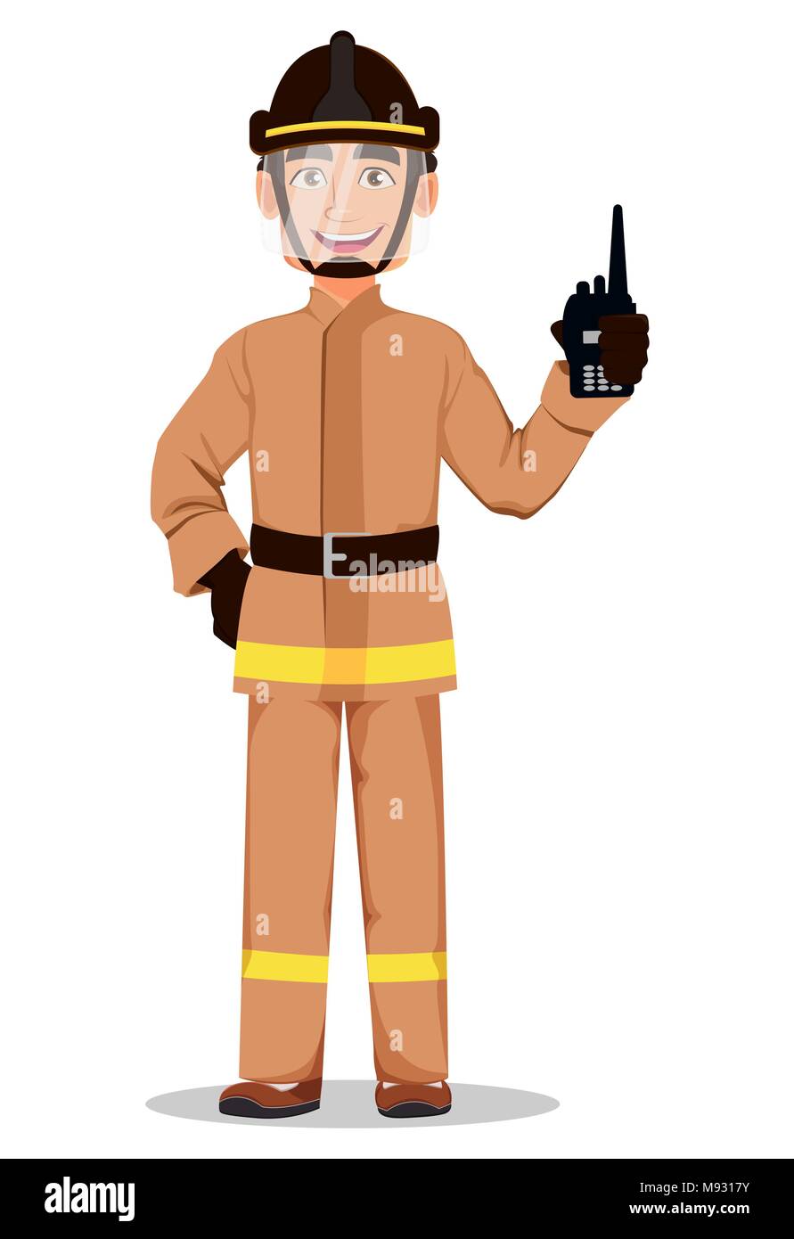Bombero Profesional En Uniforme Y Casco De Seguridad Fireman Cartoon