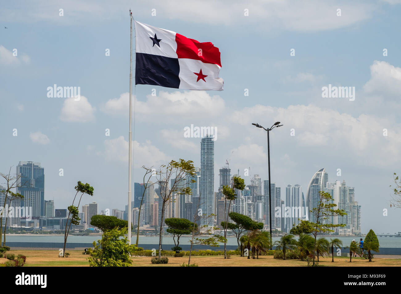 Bandera Nacional de Panamá con el horizonte de la Ciudad de Panamá en