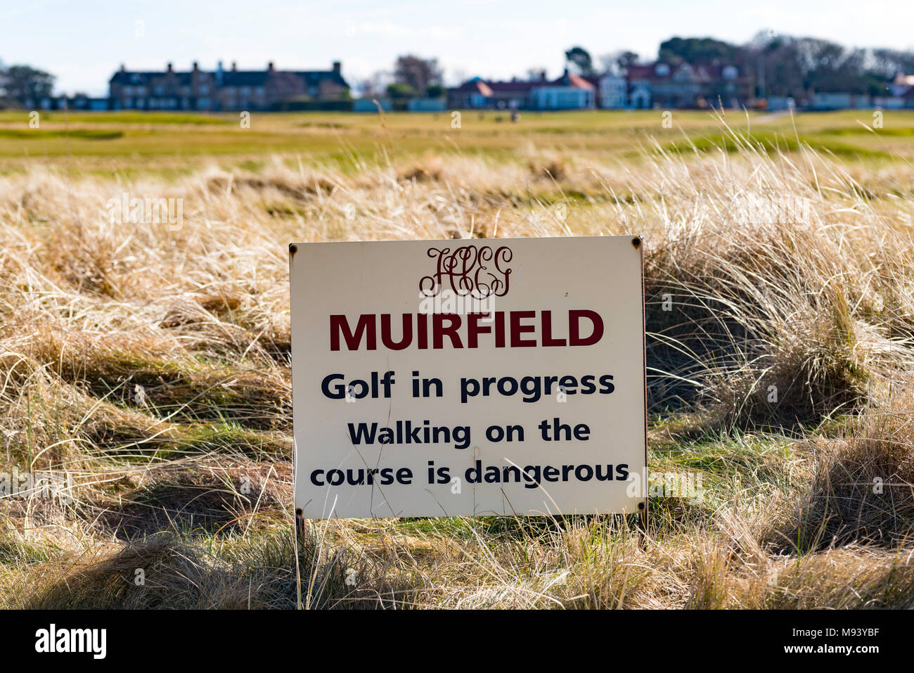 Firmar al Golf en Muirfield Gullane, East Lothian, Escocia, Reino Unido Foto de stock