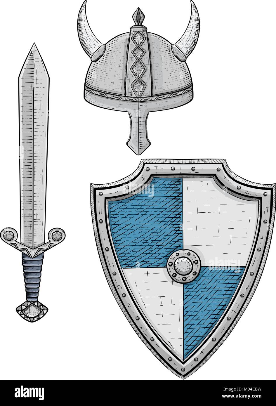 Conjunto de armadura vikinga - Casco, escudo y espada. Croquis dibujados a  mano de color Imagen Vector de stock - Alamy