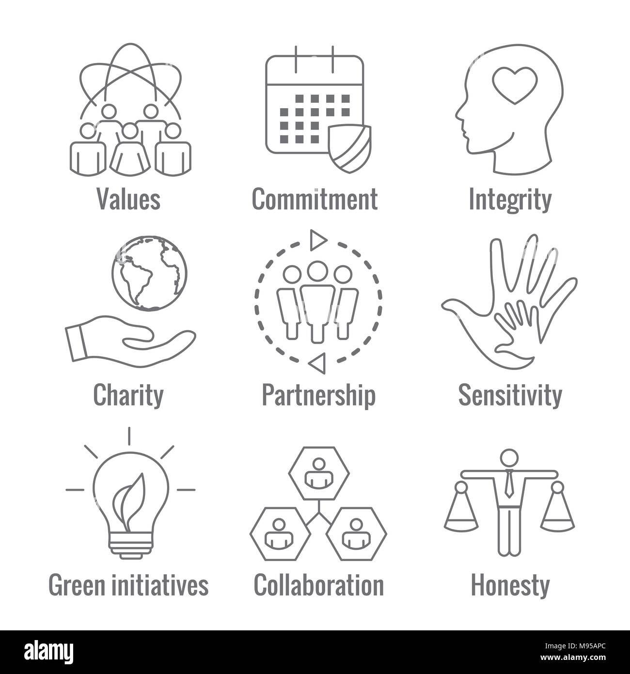 Esquema de Responsabilidad Social Conjunto de iconos con honestidad, integridad y colaboración, etc Imagen Vector de stock - Alamy Esquema de Responsabilidad Social Conjunto de iconos con honestidad, integridad y colaboración, etc Imagen Vector de stock - Alamy