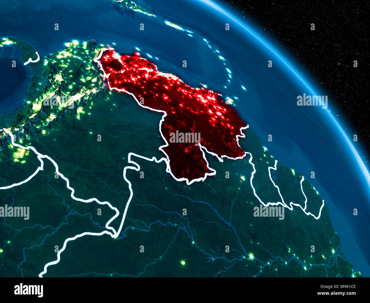 Vista satélite de Venezuela resaltada en rojo en el planeta Tierra en la noche con líneas divisorias y las luces de la ciudad. Ilustración 3D. Los elementos de esta imagen furn Foto de stock