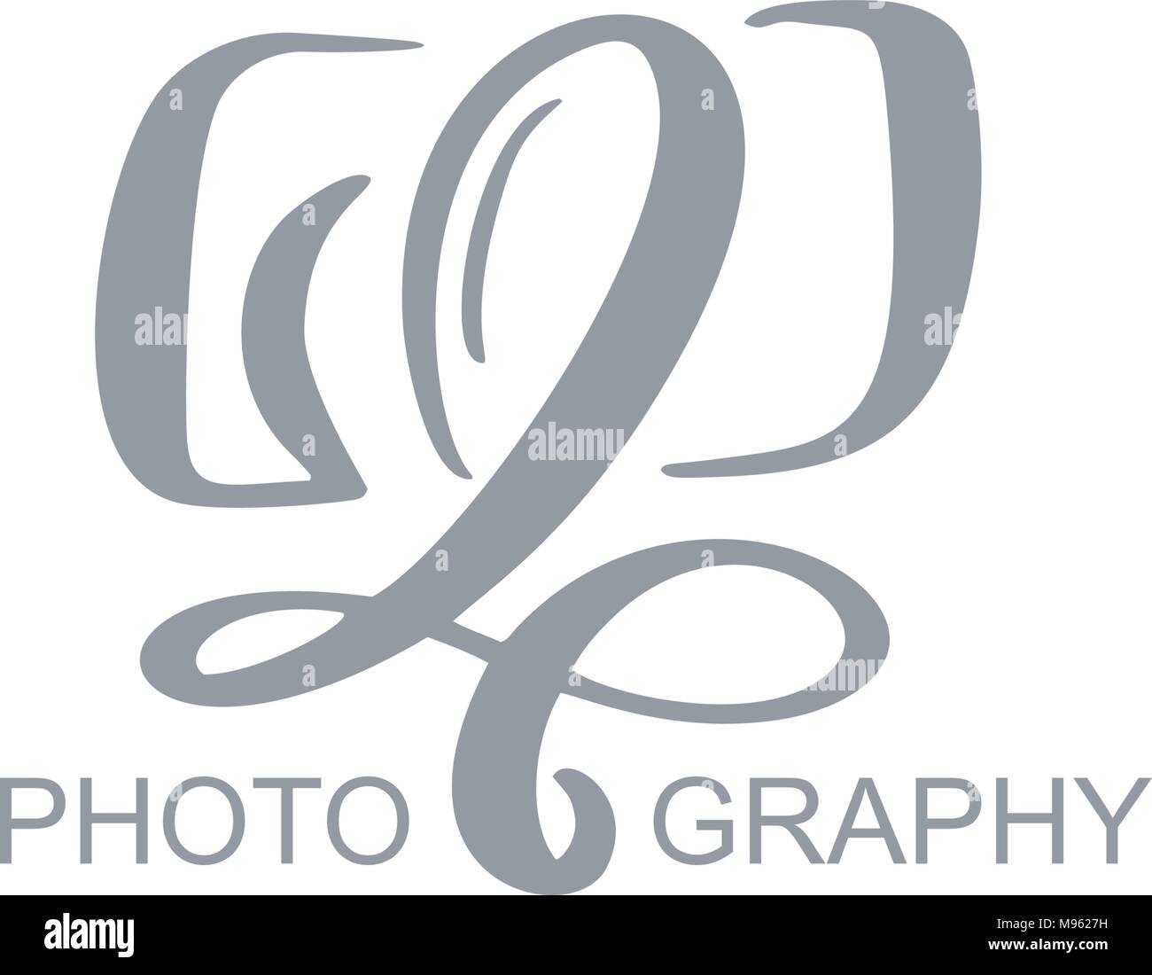 Icono del logotipo de fotografía plantilla vectorial fotografía inscripción caligráfica texto aislado sobre fondo blanco. Ilustración del Vector