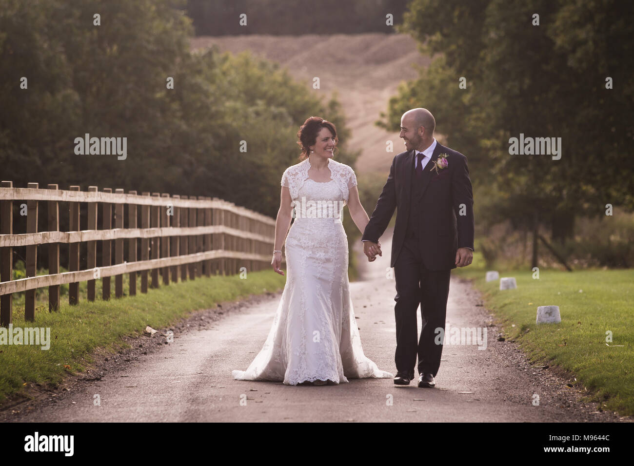 Recién casados caminando por carril del país juntos Foto de stock